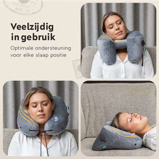TRAVARA Opblaasbaar Nekkussen - The Airsnoozer - Reiskussen - Voor Vliegtuig en Auto - Met Oordoppen - Nek Kussen - Grijs