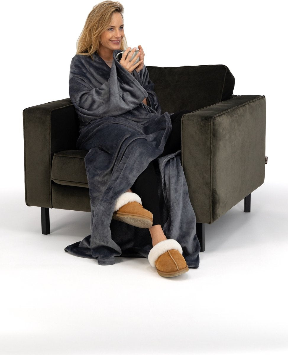 O'DADDY® Fleece deken - fleece plaid - fleece deken met mouwen - fleece deken 150 x 200 - fleece plaid 150x200 - super zacht - plaids met mouwen - grijs