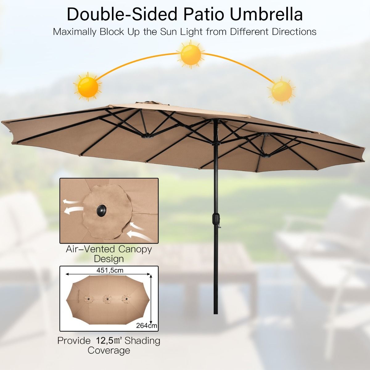 Coast 451,5 x 264 cm Dubbele Terrasparasol met Standaard – Bruin XXL Schaduwparasol voor Tuin, Terras en Zwembad