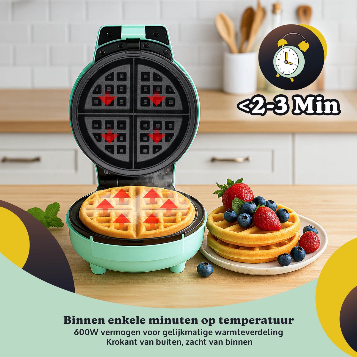 JAP Appliances DoughJoy Wafelijzer 22,2 x 16,8 x 10,5 cm – 600 W – Rond 16 x 16 cm – Verwisselbare Platen – Groen