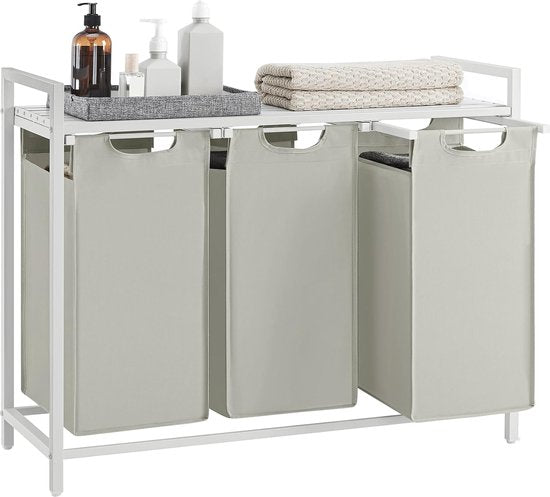 VASAGLE - Wasmand, mand voor vuile was, met 3 vakken en 3 verwijderbare zakken van Oxford-stof, werkblad, metalen frame - 3 x 38 liter, 92,5 x 33 x 72 cm, wit BLH301W01