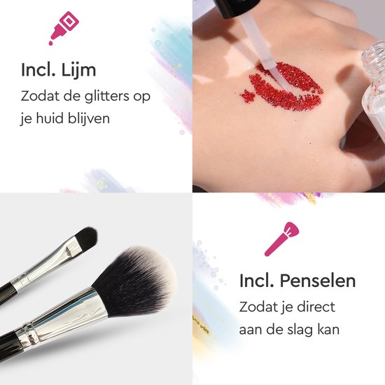 Partizzle Compleet Bio Glitter Tattoo Set - Meisjes / Jongens - Schmink Sjablonen, Lijm en Penselen - Gezicht Nep Neon Tattoos Knutselpakket - Carnaval Cadeau Knutselen voor Kinderen - 24 Kleuren / Biodegradable