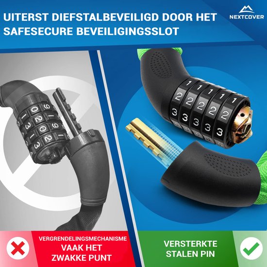 NEXTCOVER® Cijferslot Fietsslot - Het origineel - [SAFESECURE] Hoge veiligheid - Fietssloten met 5-cijferige cijfercode, cijferslot fiets staal - Fietsslot perfect voor e-bike - Kettingslot Groente