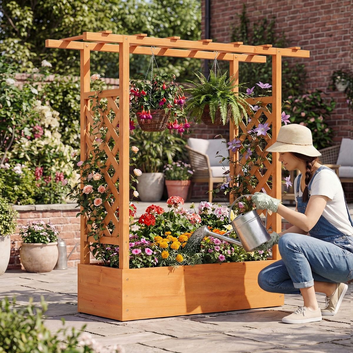 Coast Verhoogde Houten Plantenbak - Latwerk en Hangend Dak - Afwateringsgaten - Naturel/Oranje - 110 x 35 x 114 cm