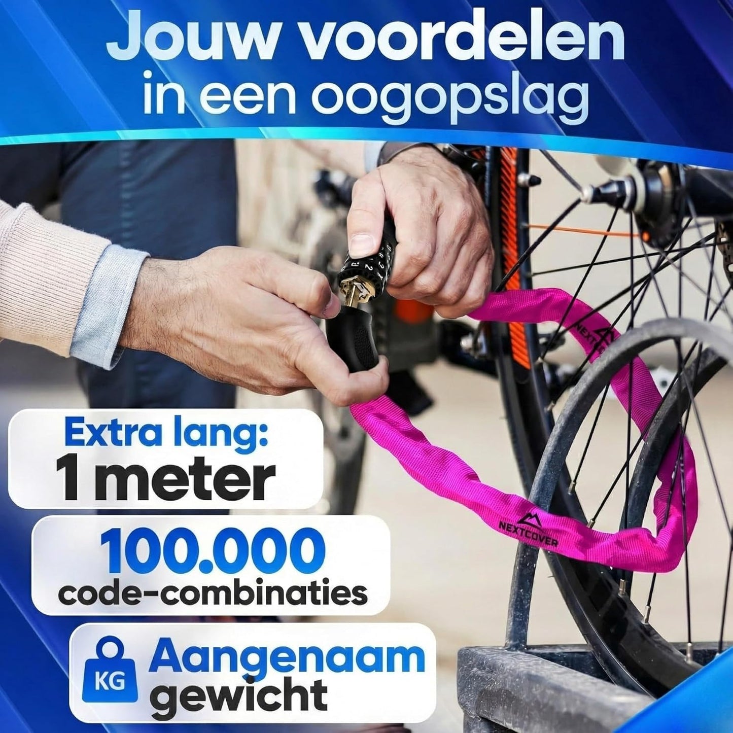 NEXTCOVER® Fietsslot LockOne met combinatiecode I - [SAFESECURE] cijferslot zeer veilig fietsslot cijferslot I robuust & duurzaam kettingslot fiets I Fietsslot