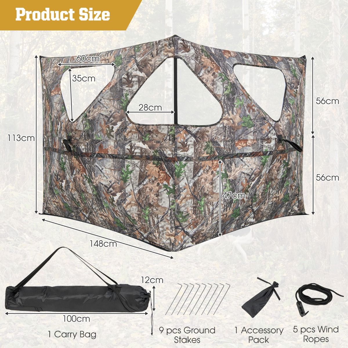 Coast Jachthut Draagbaar met Raam - 148 x 113 cm - Camouflage