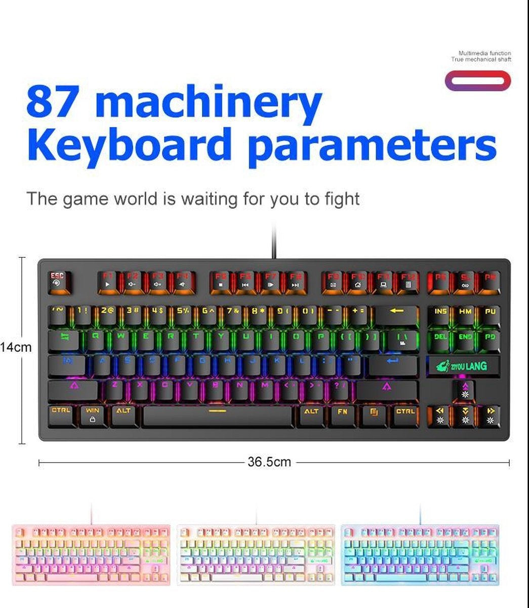 ZIYOULANG K2 RGB mechanisch 87keys TKL gaming toetsenbord - Windows/Mac game toetsenbord - blue switch - Mechanical Keyboard - anti-ghosting game toetsenborden - Zwart