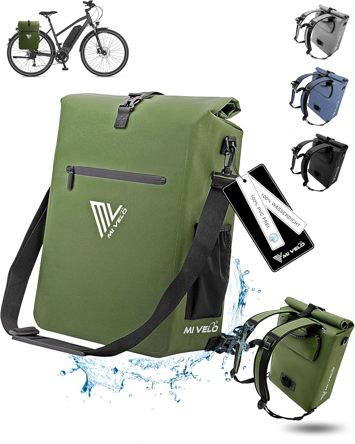 MIVELO 3-in-1 Fietstas voor Bagagedrager - 100% waterdicht - PVC-vrij - Olijfgroen – 25L