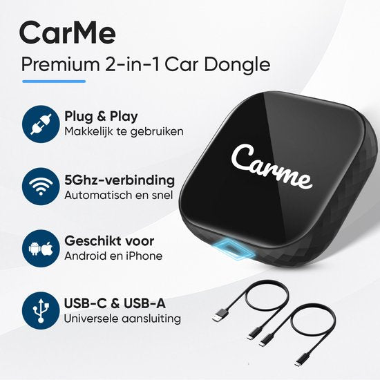 CarMe Premium 2-in-1 CarPlay Dongle - Draadloos CarPlay & Android Auto - USB-A & USB-C - Android Auto Dongle - Zwart