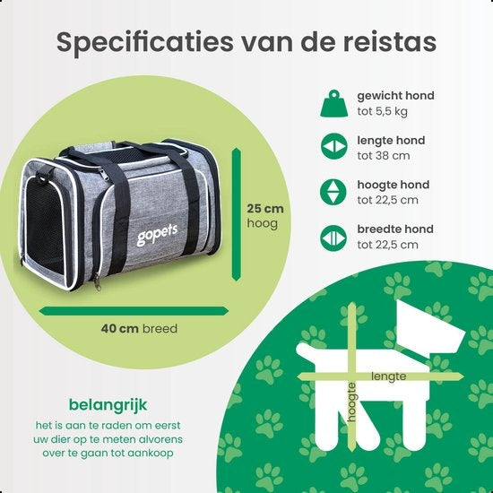 Gopets Draagtas Hond en Kat – Hondentas – Reistas – Kattentas – Geschikt Voor Vliegtuig – Tot 5,5KG – Grijs – 40 x 25 x 25 cm – M
