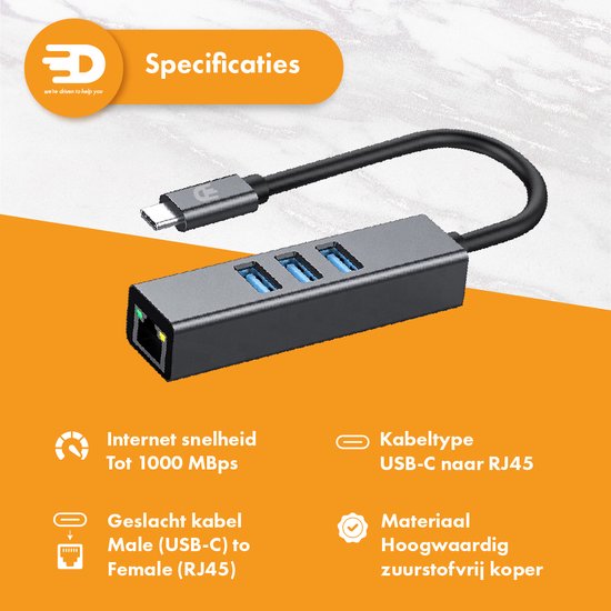 Drivv. USB C naar Ethernet Adapter met 3 USB 3.0 poorten - 100/1000 MBps - Internet Adapter - Netwerkadapter