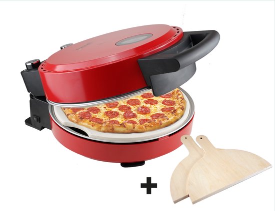 Bestron Turbo Pizzaoven voor pizza's in 5-10 minuten, elektrische pizzaoven met echte maximumtemperatuur van 320°C, inclusief pizzasteen en 2 grote houten spatels, Viva Italia, kleur: Rood