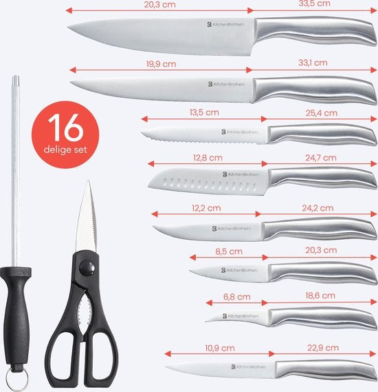 KitchenBrothers Messenset - Messenblok - 16-Delig - met Schaar en Aanzetstaal - Zilver/ RVS