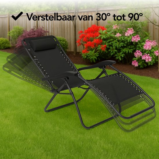 Brixy Opvouwbare Tuinstoelen set van 2 - Ligstoelen - Opvouwbaar - Verstelbaar - Ergonomisch Hoofdkussen - Metaal - Textileen - Zwart