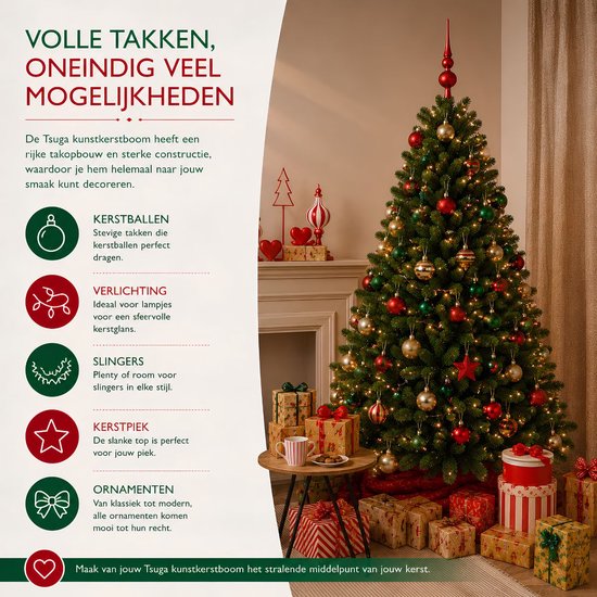 Triumph Tree Tsuga Kerstboom - Volle en Natuurlijke Uitstraling met 1502 Takken - Kerstversiering voor Binnen - Kunstboom Makkelijk en Snel op te Zetten - Groen H260 x Ø160cm