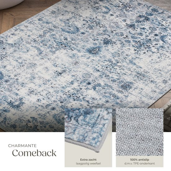 tectake® Vintage design tapijt - laagpolig vloerkleed - Boho vloerkleed - Voor woonkamer, slaapkamer, kinderkamer of tienerkamer - Wasbaar - 160cm x 230cm - blauw
