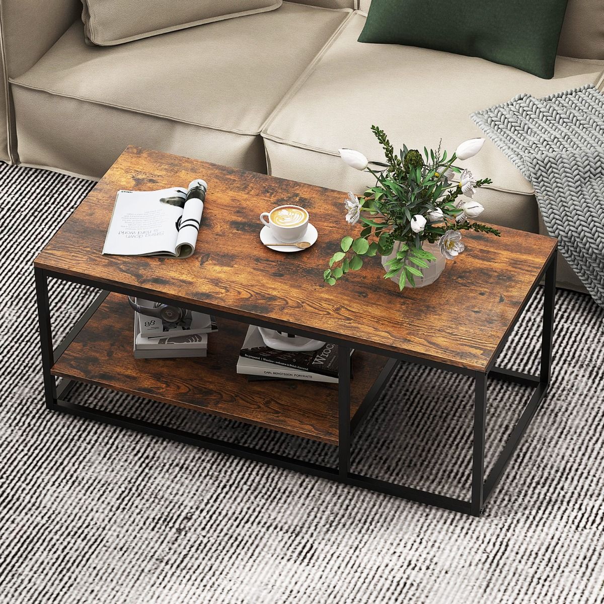 Coast Salontafel - rechthoekig - 2-laags opbergruimte - rustiek bruin en zwart - 105 x 50 x 42,5 cm