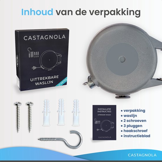 Castagnola Roldrooglijn - Waslijn Uittrekbaar - Waslijndraad - Drooglijn 12 Meter - Draagkracht tot 13 Kg