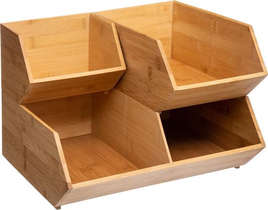 5Five Stapelbare opbergmand 1 vaks organizer - L18 x B15.5 x H12 cm - bamboe hout - lichtbruin
