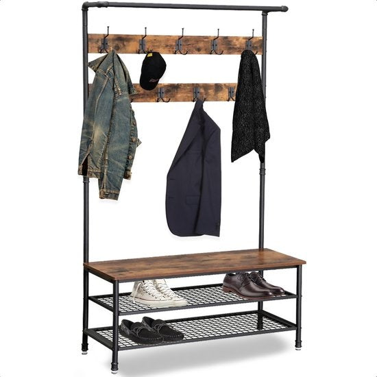 Goliving Kapstok XL – Garderoberek – Schoenenrek – Staand – Industriële kast – Metaal/Hout – 100 x 41.5 x 182 cm – Bruin/Zwart