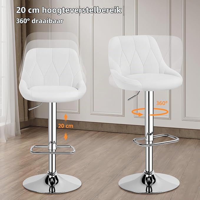 Yaheetech Barkruk met Rugleuning en Voetsteun - Kunstleer - Verstelbaar 86 tot 107,5 cm - 46 x 49 cm - Wit
