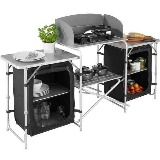 tectake® - Campingkeuken 172x52x104cm - Opvouwbaar - Afsluitbare compartimenten - Stevige werkbladen - Incl. windscherm- zwart