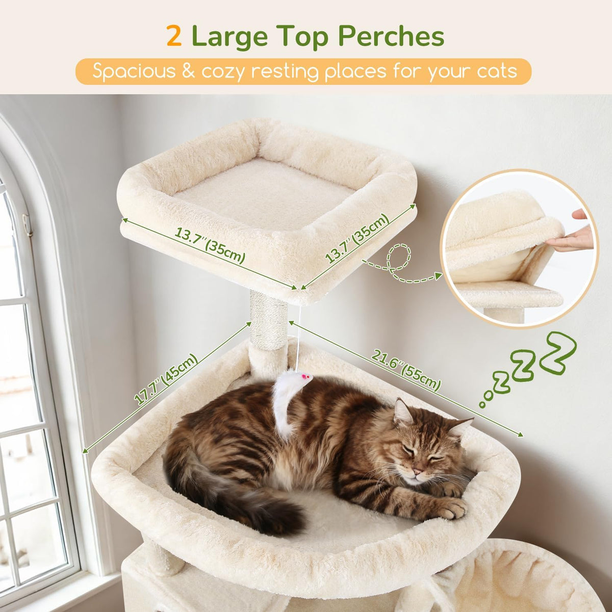 Yaheetech Krabpaal 174,5 cm – met 2 kattenhuisjes, hangmat en sisalpalen, beige