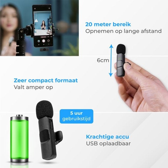 Nuvance - Draadloze Microfoon - Dasspeld Microfoon - Geschikt voor Usb-C & Apple Lightning - Lavelier Microfoon - Plug & Play