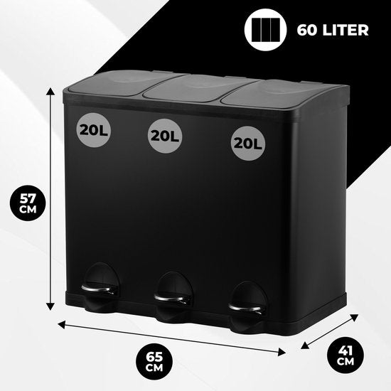 Bayt Prullenbak - Prullenbak 60 Liter - Vuilnisbak 60 liter - Pedaalemmer 60 Liter - Prullenbak 3 vakken - Prullenbak Afvalscheiding - 3x 20 liter - RVS - Zwart