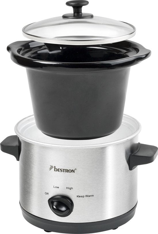 Bestron Slowcooker, met 3 programma's, keramische pan & glazen deksel, voor 2 Personen, 1,5L capaciteit, vatwasserveilig, 120 Watt, kleur: zilver