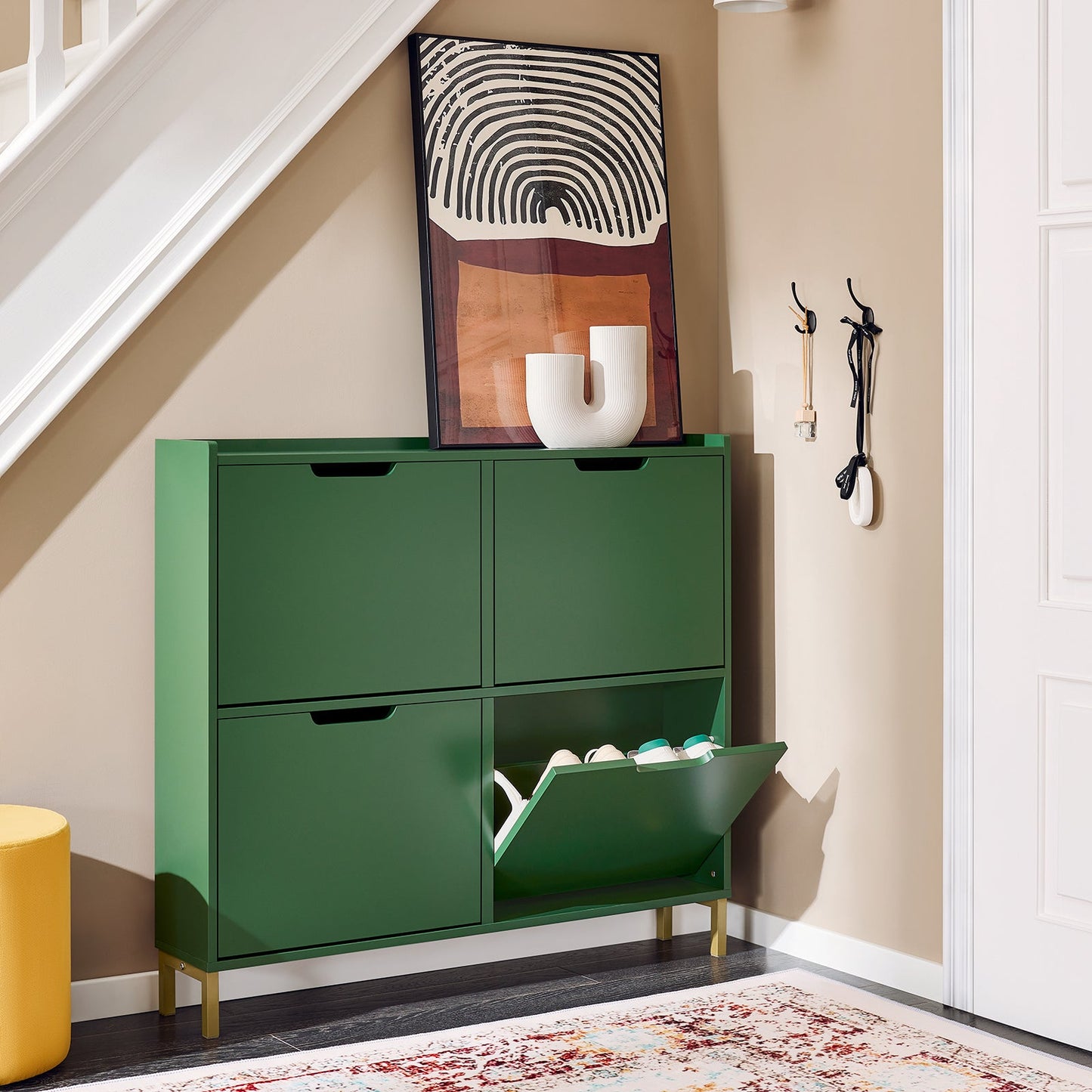 SoBuy Schoenenkast FSR100-SY - 4 Ladekleppen - 100 x 19 x 90 cm - Groen