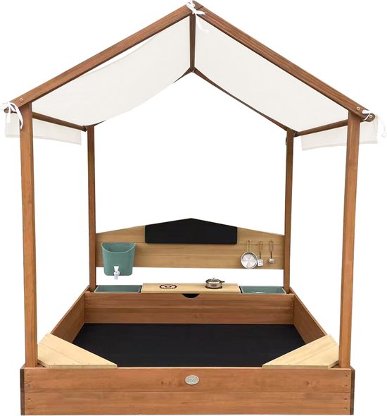 AXI Meli Zandbak & Speelhuisje 120 x 120 cm met Speelkeuken – Bruin - Met Dak – FSC hout – Met Krijtbord, Watertank en 6-delig Speelgoed Kookset – Met 2 Bankjes - Inclusief gronddoek – 10 jaar garantie