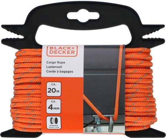BLACK+DECKER Spanband met Oproller 20 Meter - Incl. Spanband Oproller - Sjorband - Transport Touw - Elastisch Koord - met Reflecterende Delen - Transportbeheer - Nylon/ Kunststof - Oranje/Zwart