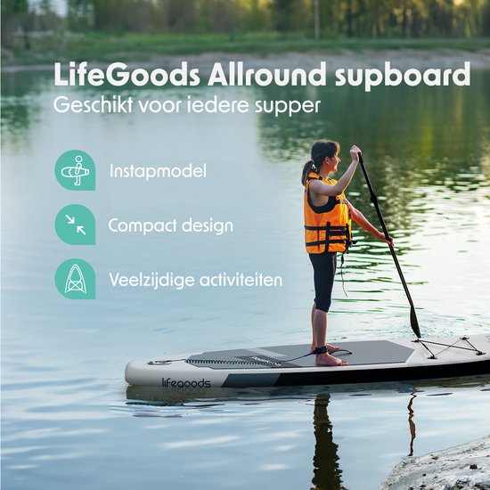 LifeGoods SUP Board Allround Compact - Met Zitje - 100 KG Draagkracht - 300 x 76 cm - Opblaasbaar - Compleet SUP pakket - Zwart/Wit