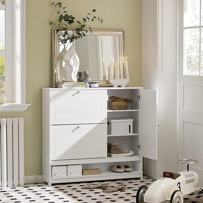 SoBuy FSR114-W Schoenenrek met 2 kleppen, 1 open vak en 1 deur schoenenkast smal schoenenrek wit BHT ca.: 102x96x24cm