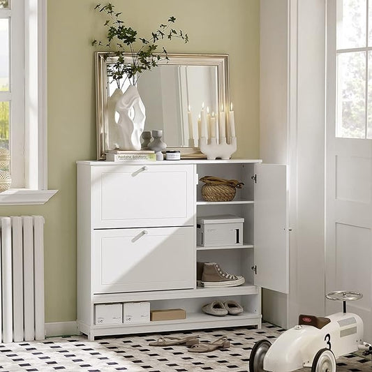SoBuy FSR114-W Schoenenrek met 2 kleppen, 1 open vak en 1 deur schoenenkast smal schoenenrek wit BHT ca.: 102x96x24cm