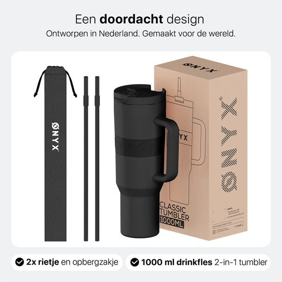 ONYX Drinkfles met Rietje 1 Liter - Waterfles voor Kinderen & Volwassenen - Thermosbeker RVS Travel Mug - Motiverende Drinkbus - Drinkbeker voor School - Onyx Black