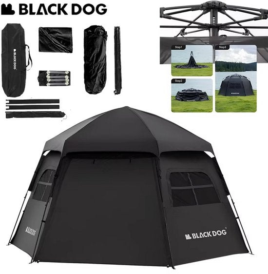 Black Dog Dome Tent - Hoogwaardige kampeertent voor 6-8 personen - Hexagonaal automatisch - Draagbare familietent - Opvouwbaar vinyl - Bescherming tegen zon en regen - Zwart
