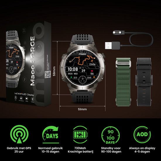 Maoo FORGE GPS Smartwatch Heren – 1.43" AMOLED Display – 3 Bandjes – 170+ Sportmodi – Hartslag, Bloeddruk, SpO₂ – Kompas, Zaklamp – Lange batterij (730 mAh) – 1 ATM – Gun Metal