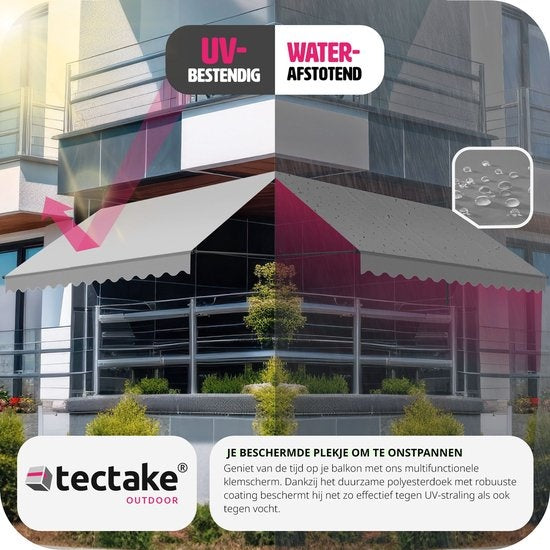 tectake - klemluifel - Zonnescherm – Zonneluifel - Verstelbaar - Klem-zonwering - Zonnescherm Balkon - 350 x 180 cm - lichtgrijs – zonwering - 404967