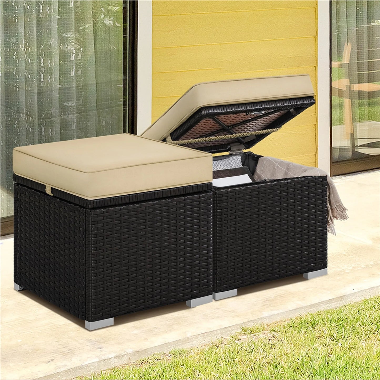 Yaheetech Kruk Met Opbergruimte 2 Stuks – Voorzien Van Verborgen Compartiment En Waterafstotend Rotanvlechtwerk En Gepoedercoat Metalen Frame – Voor Tuin Balkon En Woonkamer – Bruin Khaki Polyethyleen En Metaal – 40 x 40 x 42,5 cm