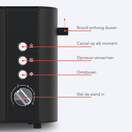 KitchenBrothers Broodrooster - Toaster - 6 Warmteniveaus - 2 Extra Lange Sleuven - 1520W - Zwart