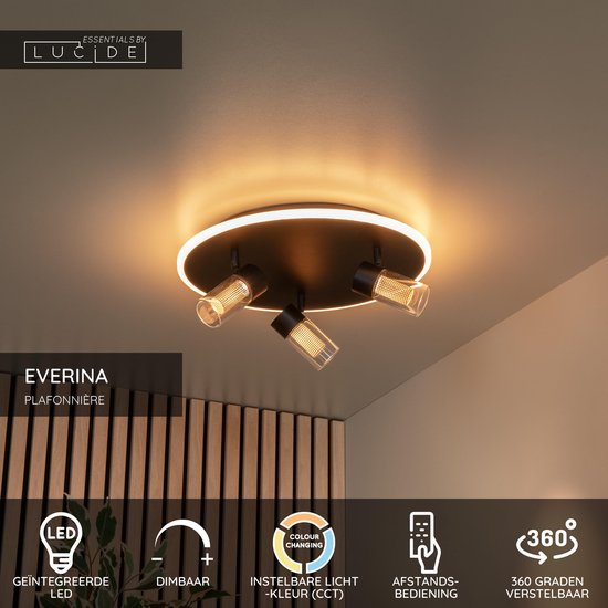 Lucide EVERINA - Plafonnière (Plafondlamp) - Ø 40 cm - LED Dimbaar - CCT - 2200K/6500K - Zwart - Essential