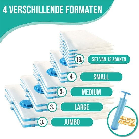 Strex Vacuumzakken Dekbedden & Kleding - 14 Stuks / 4 Maten - Reiszakken / Vacumeerzakken - Incl. Handpomp