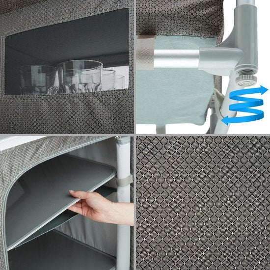 tectake® - Campingkast 97x47,5x78cm - Opvouwbaar - Afsluitbare compartimenten - Stevige werkbladen - Handige insteekzakken aan zijkant - grijs