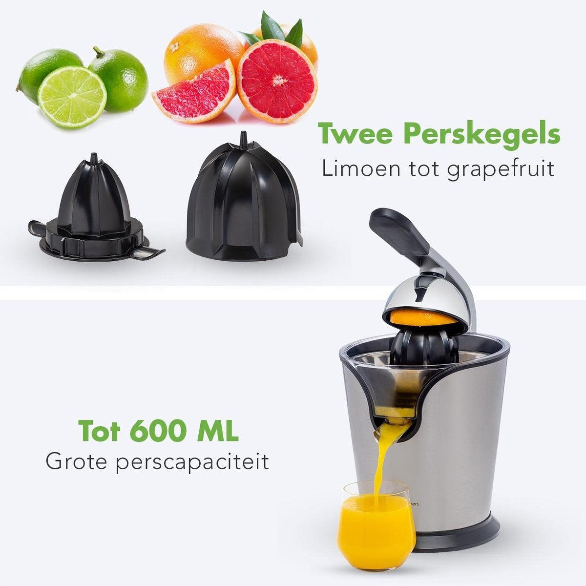 KitchenBrothers Citruspers - Elektrische Sinaasappelpers en Citroenpers met Pershendel - RVS - Zwart