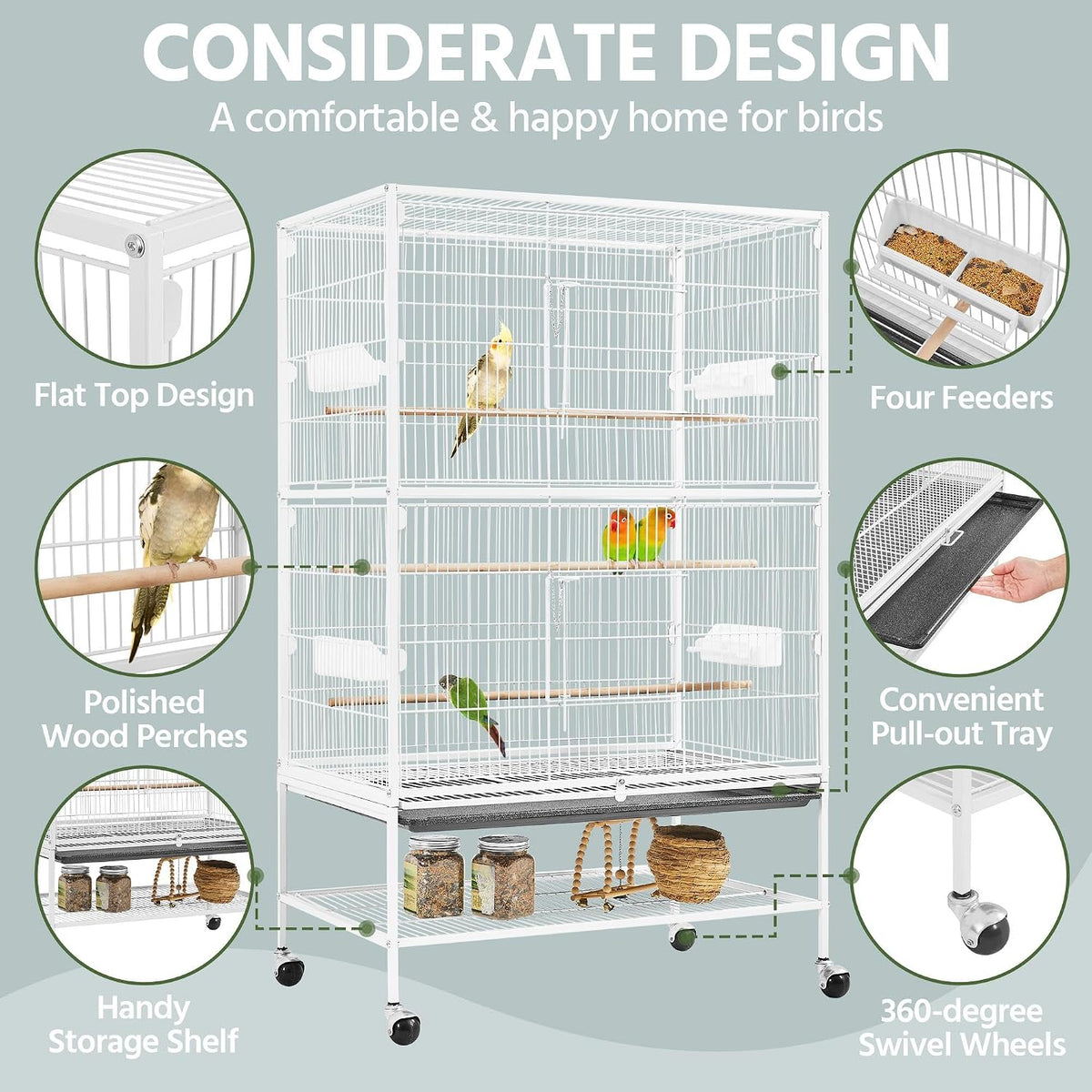 Yaheetech Vogelkooi met Standaard – 79 × 51,8 × 132 cm – Wit – Parkietenkooi met Wielen, 3 Houten Zitstokken en 4 Voederbakken