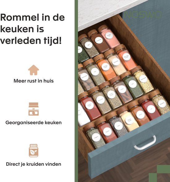 Noswo Kruidenrek Lade met 28 Potjes - Complete Set - Vierkant - Strooideksel en Labels - Kruiden Organizer - Keukenlade Organiser - Acacia