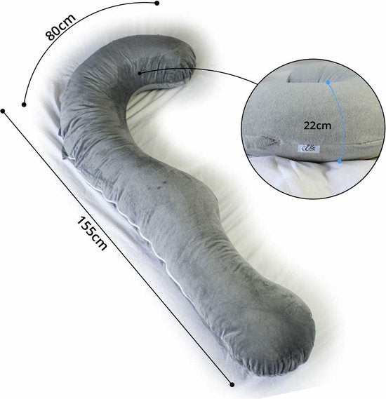 EL-Life Zwangerschapskussen XXL J-vorm - Zijslaapkussen - Lichaamskussen - Voedingskussen - Body Pillow - 155cm - Afneembare Minky Fleece Hoes - Grijs