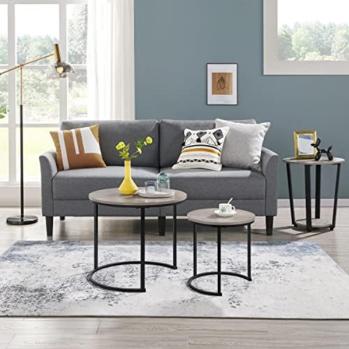 Yaheetech Salontafel Set van 2 Ronde Bijzettafels met Metalen Frame - Eiken Houtkleur